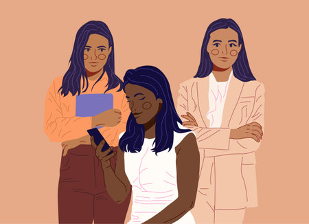 Professional females stand together. Flat Vector Illustration of diverse multinational woman.のイラスト素材