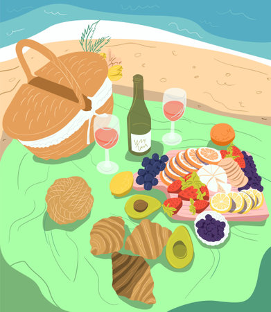 Summer picnic on the beach. Picnic basket cute dog, wine, grape, pastries, avocado. Can be like poster, banner or invitation. Flat Vector Illustrationのイラスト素材