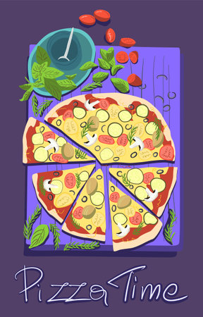 Pizza Time. Fast food pizza poster. Italian pizza. Takeaway menu. Can be poster, banner or invitation. Flat Vectorのイラスト素材