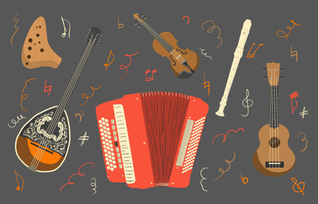 Seamless pattern with accordion, guitar and other musical instruments. International Music Day. Doodle elements.のイラスト素材