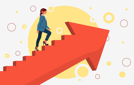 Businesswoman walking on arrow up. Business concept, achievement, character. Flat Vector Illsutartionのイラスト素材