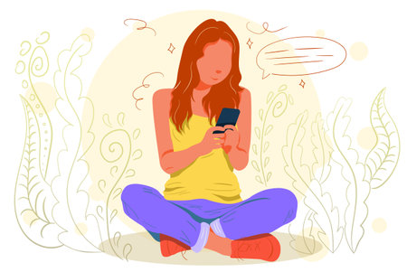 Young sexy girl using phone. Sitting legs crossed. Working in phone. Freelance, online education or social media concept. Flat Vector Illustrationのイラスト素材