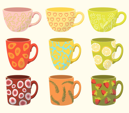 Hand drawn set of various cups. Ceramic mugs for matcha or different beverages and drinks. Flat Vector Illustrationのイラスト素材