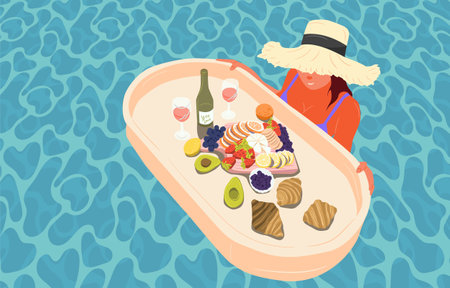 Woman swimming in pool with floating breakfast. Girl resting on vacation. Summer breakfast in swimming pool. Flat Vectorのイラスト素材