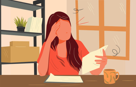 Woman with headache stress symptom. Concept of illness, vertigo, headache, dizziness, sickness. Flat Vector Illustrationのイラスト素材