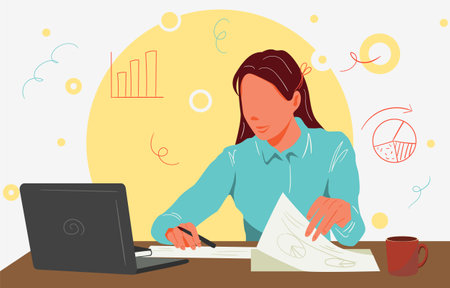 Beautiful businesswoman analyzing data on her laptop. Company business marketing evaluation. Flat Vector Illustrationのイラスト素材