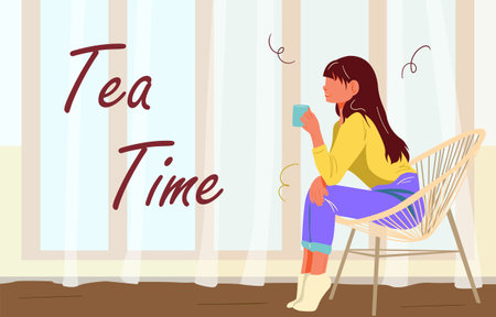 Cheerful yound girl with a bun drinking tea. Young woman is enjoing time spent alone drinking teaのイラスト素材