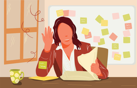 Young businesswoman multi-tasking. Woman working on laptop and doing several actions. Flat Vector Illustrationのイラスト素材
