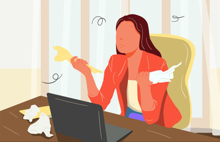 Unhappy pensive person thinking about problems and troubles. Flat Vector Illustrationのイラスト素材