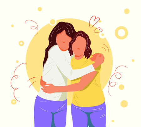 Female friend hug. Happy meeting of close friends. Strong relations, support. Flat Vector Illustrationのイラスト素材