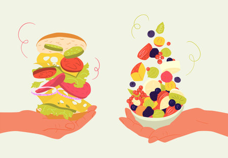 Healthy and unhealthy food. Food choice. A woman is holding an organic products and fast food. Flat Vector Illustrationのイラスト素材