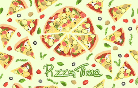 Pizza Time banner with tasty pizza. Delicious beautiful home-made pizza. Italian pizza. Takeaway menu. Can be poster, banner or invitation. Flat Vector Cartoon Illustrationのイラスト素材