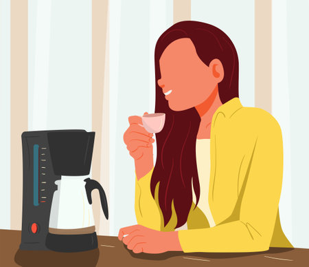 Woman character making coffee morning. Woman office worker character taking break and drinking coffee from coffee machine. Flat Vector Illustrationのイラスト素材