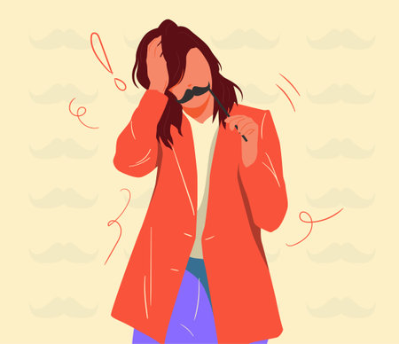 Beautiful young woman hold moustache on stick have fun on party or celebration. Carnival mustache mask. Flat Vector Illustrationのイラスト素材