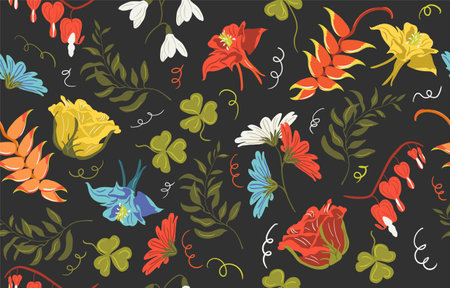 Bright floral print with various hand drawn flowers and leavs. Cute flowers on black background. Flat Vector Illustrationのイラスト素材