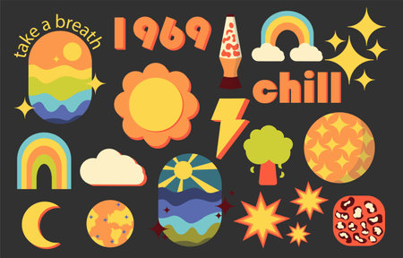 Collection of trendy stickers. Retro badges. Abstract shapes and doodles. Good Vibes, Positive...
