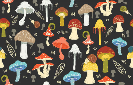 Cute mushrooms seamless repeated pattern on a black background. Vector seamless pattern with edible raw mushrooms. Flat Vector Illustrationのイラスト素材