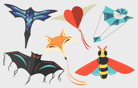 Set of colorful fairy cartoon kites. Butterfly, fox, bee,bat. Flat Vector llustration wind kite game on white backgroundのイラスト素材