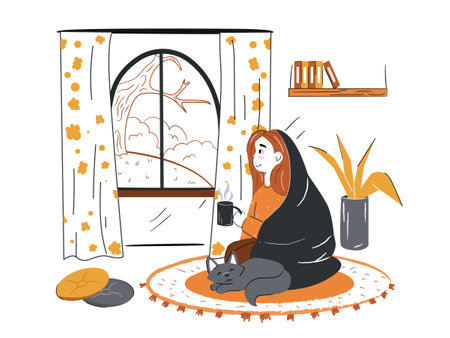 Women resting relaxing at home. Window with autumn leaves. Resting at home. Flat Vector Illustrationのイラスト素材