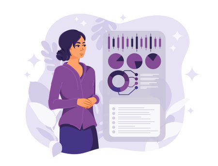 Young businesswoman. A woman is preparing a financial tax report. Abstract data analysis. Business technology and workflow. Flat Vector Illustrationのイラスト素材