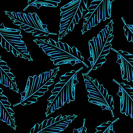 glow in the dark Seamless pattern wave leaf blue neon light with black backgroundのイラスト素材
