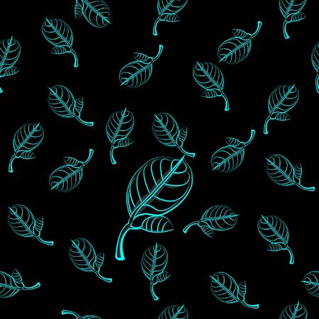 leaf nature Seamless pattern with black background neon leaf tosca color glow in the darkのイラスト素材