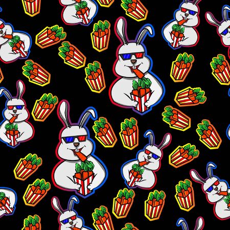 Rabbit happy watching movies cinema and eat carrot in box popcorn expression ,bunny funny with 3 dimensional glasses in movie theater , animal, cute, pet, smile, fun,cartoon seamless pattern blackのイラスト素材