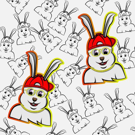 cute rabbits using red cup hat necklaces and gold glasses happy funny, bunny cute smile, fun, cartoon seamless pattern, can be used for t-shirt print, kids wear fashion design, fabric, web, wallpaperのイラスト素材