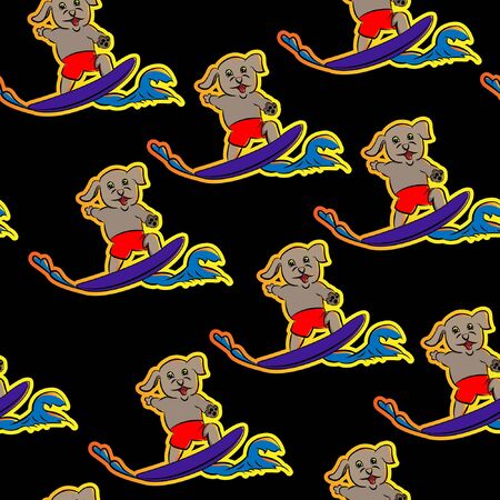 cute dog go surfing on the beach sunset time hand drawn seamless pattern cartoon , can be used for t-shirt print, kids wear fashion design, fabric, web, wallpaperのイラスト素材