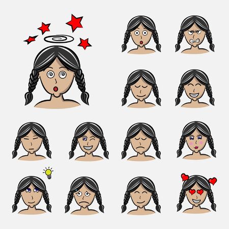 hair braid Set of woman's emotions. Facial expression. Girl Avatar. Hand drawn style vector design illustrationsのイラスト素材