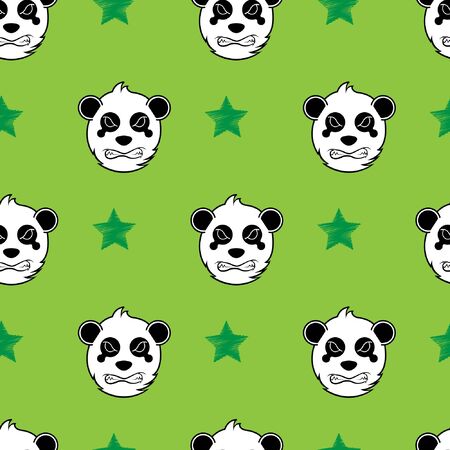 panda cute face seamless pattern. Happy cute panda head repeat pattern with green love and green backgroundのイラスト素材