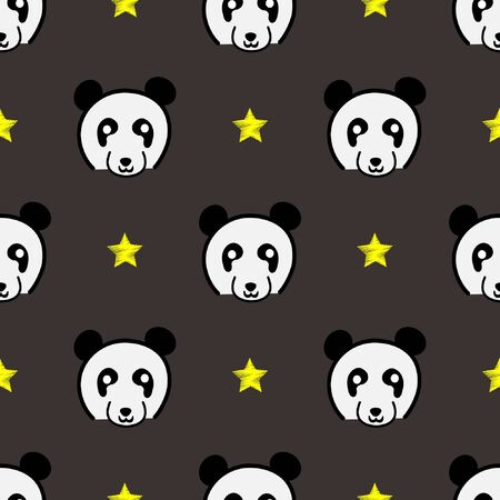 panda cute face seamless pattern. Happy cute panda head repeat pattern with yellow star and grey backgroundのイラスト素材