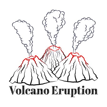 volcano eruption illustration ,extreme explode with lava. mountains rock landscape nature outdoor vector with hand drawnのイラスト素材