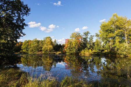 beautiful autumn landscape on the river bankの写真素材