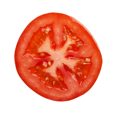 tomato section photographed directly above on white backgroundの写真素材