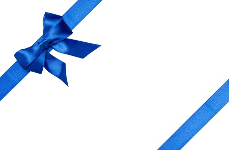 Blue ribbons with bow with tails isolated on white backgroundの写真素材