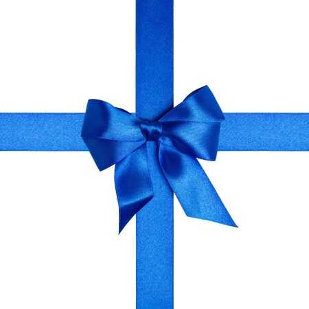 square  with blue ribbons and a bow isolated on whiteの写真素材