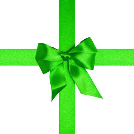 square with green ribbons and a bow isolated on whiteの写真素材