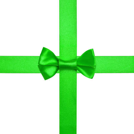 square with green ribbons and a bow isolated on whiteの写真素材