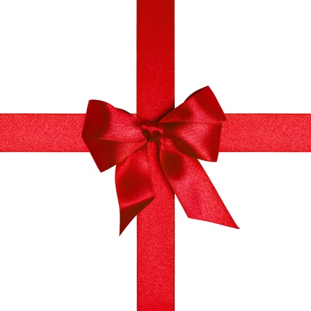 square with red ribbons and a bow isolated on whiteの写真素材