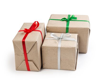 three gift boxes from recycled paper isolated on whiteの写真素材