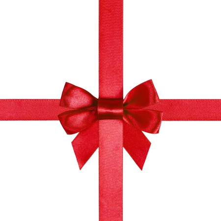 square with red ribbons and a bow isolated on whiteの写真素材