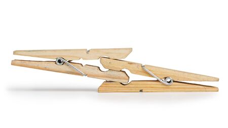 two clothespins together isolated on white backgroundの写真素材