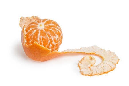 peeled tangerine, long peel isolated on white backgroundの写真素材
