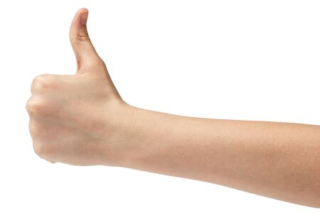 female teen hand thumb up, isolated on white backgroundの写真素材