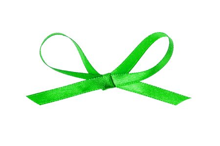 green thin ribbon bow, isolated on white backgroundの写真素材