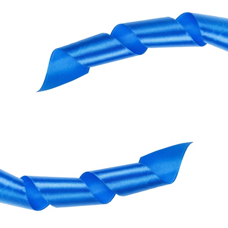 blue curled ribbon frame, isolated on whiteの写真素材