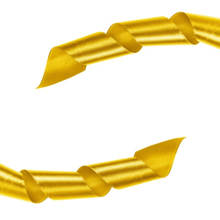 golden curled ribbon frame, isolated on whiteの写真素材