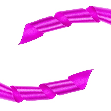 purple curled ribbon frame, isolated on whiteの写真素材
