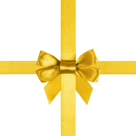 square  with gold ribbons and a bow isolated on whiteの写真素材